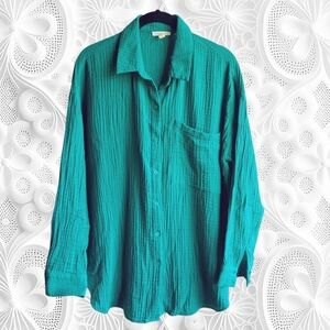 Eileen Fisher Turquoise Button Up Long Sleeve Organic Cotton Gauze NWOT